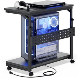 Besiost Computer Tower Stand with Power Strips, 4 Levels Manual Height Adjustable PC Tower Stand for Under Desk, Mobile Rolling CPU Holder, Computer Cart with Wheels, 24", Carbon Fiber Black