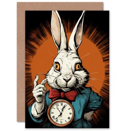 Artery8 Alice in Wonderland White Rabbit I'm Late for Him or Her Man Woman Birthday Thank You Congratulations Blank Art Greeting Card