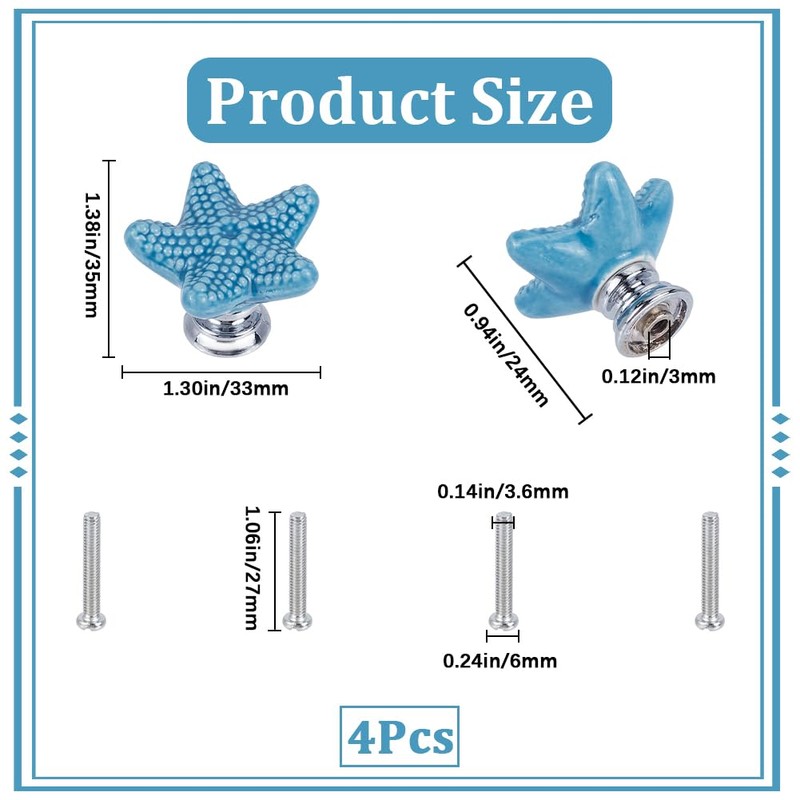 GORGECRAFT 4 Sets Starfish Ceramic Cabinet Knobs Marine Animals Theme