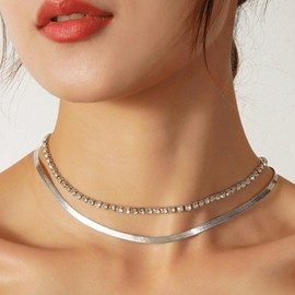 Cimenexe Punk Layered Tennis Chain Choker Necklace Silver Herringbone Chain Necklace Crystal Chain Collar Necklace Flat Snake Bone Chain Necklace Jewelry for Women and Girls Gifts