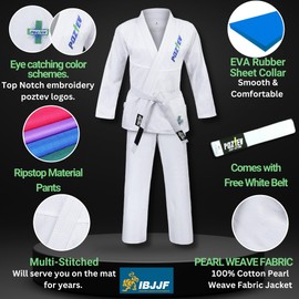 POZTEV Brazilian Jiu Jitsu Gi for Men & Women BJJ Gi Grappling Kimonos Preshrunk Lightweight Fabric Martial Arts Training Uniform With Free White Belt (White,A3)