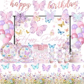 316 Pcs Butterfly Birthday Party Decorations, Pink Butterfly Party Supplies Include Backdrop, Hanging Swirls, Plates, Tablecloth, Cupcake Toppers for Girls Baby Shower 1st 2nd 3rd Birthday Favors