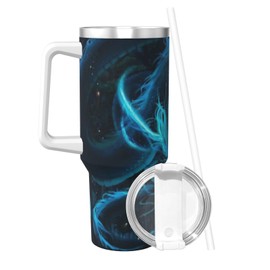 PTONUIC Blue Dragon - Vaso de 40 onzas con asa y tapa de popote, taza aislada reutilizable, botella de agua de acero inoxidable, portavasos de viaje, regalo para mujeres, hombres, él ella