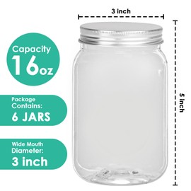 Darice 16 oz Plastic Mason Jars with Airtight Screw on Lid - Refillable Clear Plastic Jars Containers for Kitchen and Household Storage, BPA-Free Jars with Lids, Pack of 6