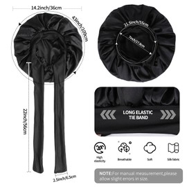 Silk Bonnet for Sleeping Women Double Layer Satin Bonnet Hair Bonnet with Elastic Tie Band Adjustable Bonnet for Curly Hair（Black）