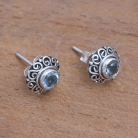 NOVICA Artisan Handmade Blue Topaz Stud Earrings Swirl Pattern from Bali Sterling Silver Indonesia Gemstone [0.3 in L x 0.3 in W x 0.2 in D] ' God Eye'