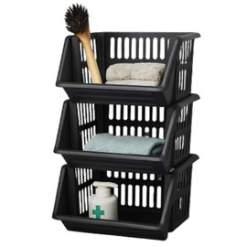 Black Plastic Stackable Storage Baskets | Containers with Interlocking Design for Compact Vertical Storage | Ideal for Organising Office Supplies, Bathrooms, Craft Tools, Pantry Goods (Pack of 1)