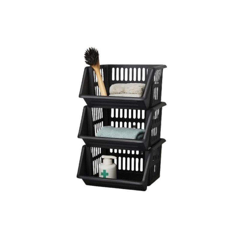 Black Plastic Stackable Storage Baskets | Containers with Interlocking Design