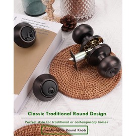 Brotima 1 Pack Keyed Alike Door Knob with Double Cylinder Deadbolt Lock Set, Oil Rubbed Bronze Door Lock Sets Exterior, Round Style Door Knob Deadbolt Combination Set