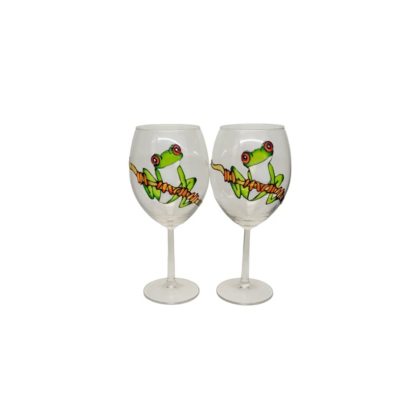 Green Tree Frog Hand Painted Stemmed Wine Glasses Set of