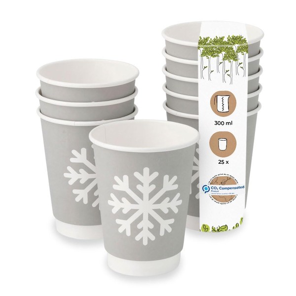 BIOZOYG Pack of 25 Grey Double-Walled Paper Cups Winter Motif