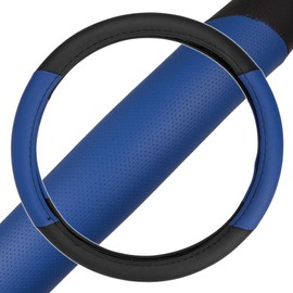 BDK Two Tone Perforated PU Leather Steering Wheel Cover for Car Van SUV Truck, 14.5 to 15.5", Standard, Blue