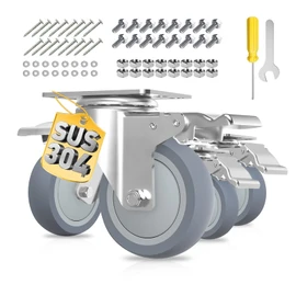 4 Inch Stainless Steel Caster Wheels with Brake, Heavy Duty 304 Casters Set of 4, Non-Marking TPR Quiet Wheels, 2300 lbs, Swivel for Furniture, Labs, Kitchens,Industrial with Hardware Kits
