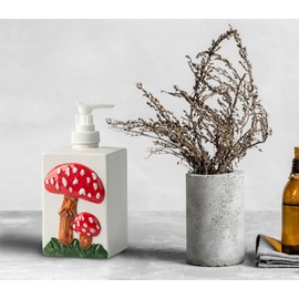 Mushroom Soap Dispenser Bathroom Ceramic Hand Soap Dispenser for Bathroom White Bathroom Soap Dispenser Bottle with Pump Red Mushroom Relief Decoration