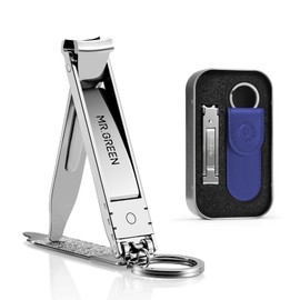 MR.GREEN Cortaúñas plegable, pequeño y delgado, portátil, para viaje, tijeras para uñas, cortador de acero inoxidable, herramientas de manicura con limas de uñas (funda de cuero azul + caja de hierro