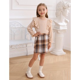 Qiraoxy Baby Girls' Clothing, Long Sleeve Top + A-line Plaid Skirt Set, Toddler Girls Fashion Clothing, 2-Piece Outfits Set, 1-6 Years, Beige 01