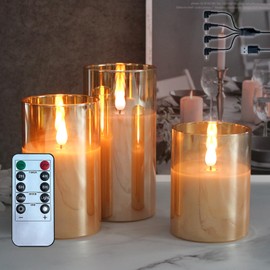 LEDHOLYT Rechargeable Flameless Candle, Flashing LED Pillar Real Wax Candle with Remote Control and Timer, Upgraded Teardrop Wick, Gold Glass Electronic Candle, 1 Set of 3