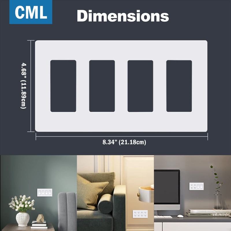 CML 4-Gang Matte White Decorator Screwless Wall Plates, 4 Pack