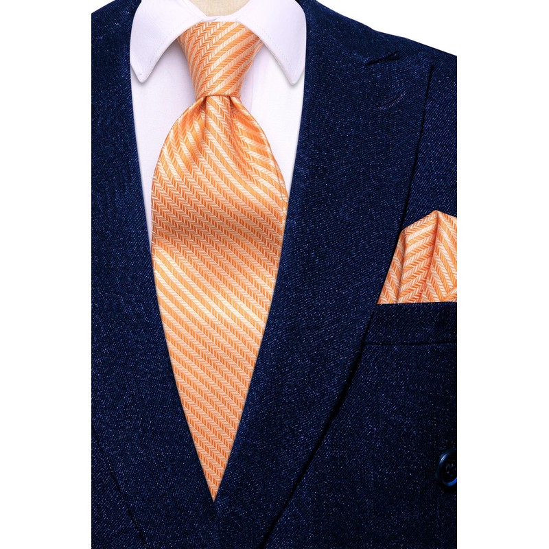 Hi-Tie Light Orange Striped Tie Sets Wedding Silk Necktie Pocket