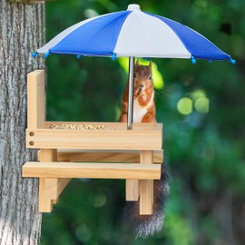 Relaxdays Wooden Squirrel Table, Squirrel Bench with 2 Umbrellas, Squirrel Picnic Table for Hanging, Light Brown