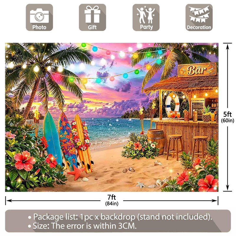 ZTHMOE Fabric 7x5ft Summer Hawaiian Beach Backdrop Tiki Bar Banner