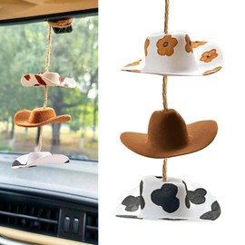 MLY 1 PC Cowboy Hat Car Charm, Western Country Sunflower Cowgirl Rearview Mirror Hanging Accessory, Handmade Felt Cow Print Auto Accessory for Women, Universal Cut Car Interior Decor (Floral)