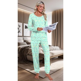 HOTGIFT Women Lounge Set Cute Long Sleeve Pajama Sets Casual 2 Piece Pj Outfit Sleepwear Green Butterfly Medium