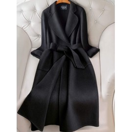 XMZFQ Womens Wool Trench Coats Autumn Winter Long Woolen Jackets Outwear with Belt,Black,M