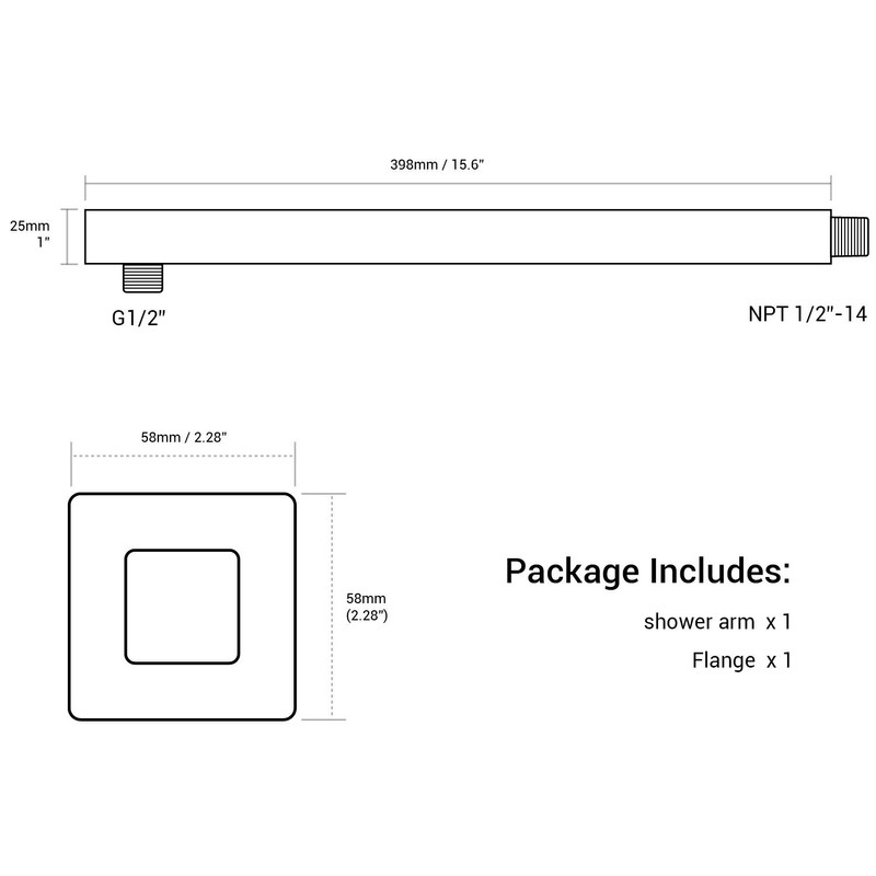 Square Shower Arm with Flange Heavy Duty Stainless Steel Rainfall