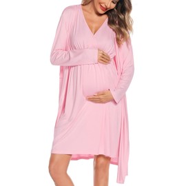 SWOMOG Maternity Nursing Gown and Robe Set for Women 3 in 1 Labor Delivery Nursing Nightgown Breastfeeding Bathrobe