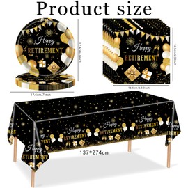 41pcs Retirement Party Supplies, Happy Retirement Party Plates Napkins Tableware Tablecloth Set, Black and Gold Retirement Disposable Party Dinnerware for Retirement Decor Farewell Party Supplies