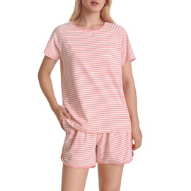 Latuza Women's Cotton Striped Pajama Set Shorts and T-Shirt Loungewear XL Coral