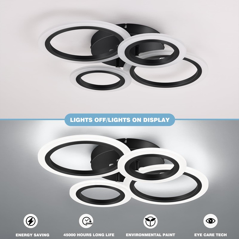 Vikaey Modern LED Flush Mount Ceiling Light, 4 Rings Black