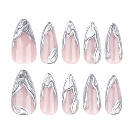 Press on Nails Medium Almond Tip Fake Nails 3D Silver French False Nails Artificial Acrylic Nails Simple Design Stick on Nails Full Cover Glossy Reusable Coffin Nails Glue on Nails for Women 24Pcs