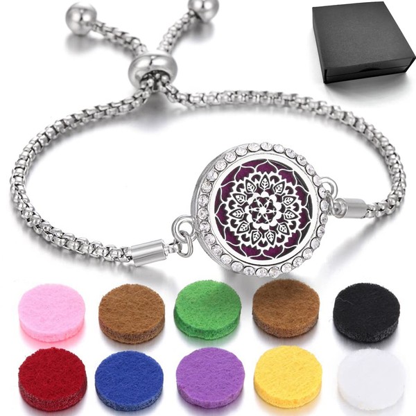 Essential Oil Diffuser Bracelet Aromatherapy Locket Adjustable Bracelet Set with 10 Refill ，Pads Send a Beautiful Gift Box XL085-18