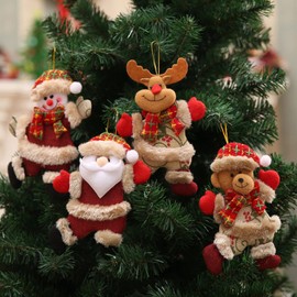 Christmas Tree Ornaments, 4pcs Christmas Tree Plush Hanging Ornaments Decorations Santa Snowman Elk Bear Ornaments for Kids Room Window Pendant Holiday Party Decor
