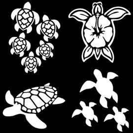 Sea Turtle Decal 4 Pack: Sea Turtle Family, Hibiscus Turtle Shell, Sea Turtles Silhouette (White, Large ~5")