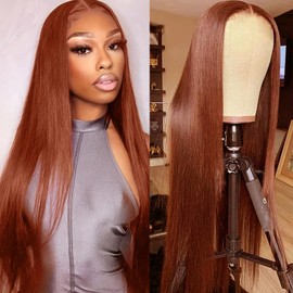 Lezaxiu 30 Inch Reddish Orange Lace Front Wigs Pre Plucked Long Straight Hair Wig Glueless Auburn Brown Wigs Heat Resistant Synthetic Lace Front Wigs for Black Women Natural Hairline