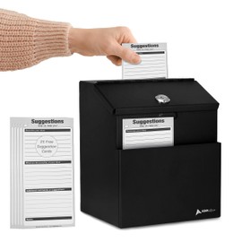 Adir Suggestion Box with Slot and Lock with 25 Comment Cards and Label Stickers, Wall Mounted Metal Donation Box for Fundraising, Tip Cash Drop Box for Money, Ballot Box Black