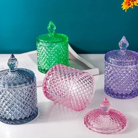 TK.Felly Glass Trinket Container with Lid Tabletop Stylish Seasoning Storage Container, Cotton Swabs, Toothpicks, Colorful (Gray)