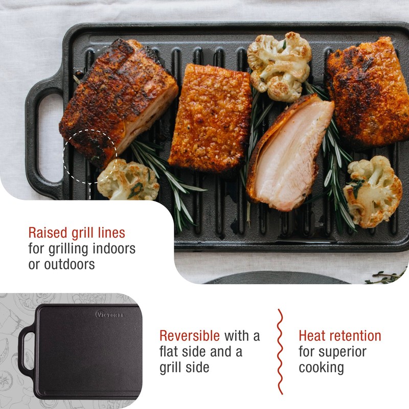 Victoria Rectangular Cast Iron Griddle. Double Burner Griddle, Reversible Griddle