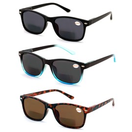 V.W.E. 3 Pairs Men Women Bifocal Rectangular Lightweight Reading Sunglasses - Outdoor Reader - Spring Hinge Bi-Focal (1 Black 1 Blue 1 Brown, 2.25)
