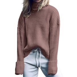 ANRABESS Women Turtleneck Sweater 2025 Fall Fashion Long Sleeve Ribbed Chunky Knit Work Travel Pullover Top Outfits Nutmeg Small