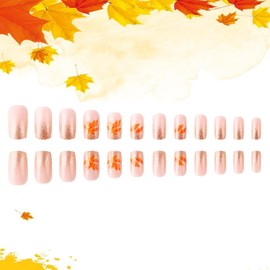 TBRZTR Press on Nails Short Square Gold Glitter Powder False Nails with Yellow Maple Leaves Design Full Cover Glossy Acrylic Nails Reusable Glue on Nails for Women Thanksgiving Nail Decoration