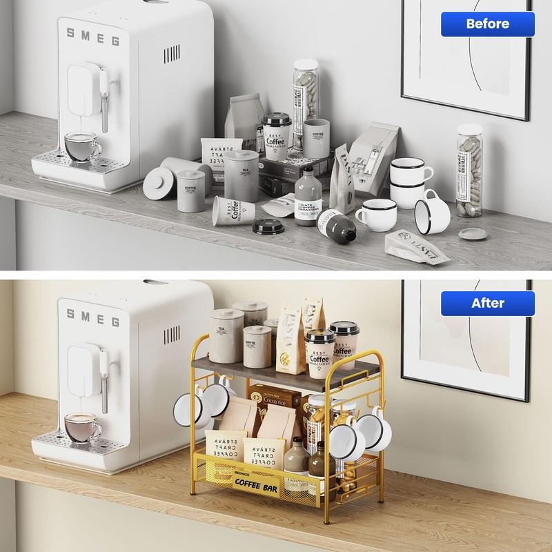 Coffee Bar Organizer for Countertop Station, Simple Assembly 2 Tier