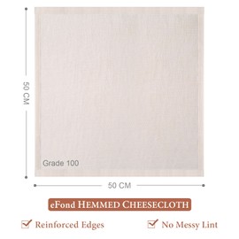 eFond 1 PCS Cheese Cloths for Straining, Precut 50X50cm, Grade 100 Muslin Cloths for Cooking Reusable Washable, 100% Unbleached Pure Cotton Hemmed Cheesecloth for Straining Butter, Nut Milk