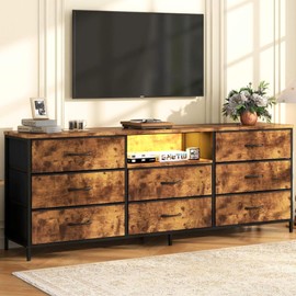 Loomie 63 Inch Dresser for Bedroom, Wide Long Fabric Dresser with LED Lights & 8 Drawers, Large TV Stand for 55, 65, 70 Inch TV, Entertainment Center with Storage (Rustic Brown)