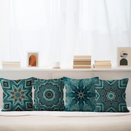 ASDCXZ Boho Cushion Cover, 45 x 45 cm, Set of 4, Retro Geometric Pattern, Blue Gold Sofa Decorative Cushion Covers, Washable Polyester Flax Textile, Outdoor Upholstery Pillowcase Cushion Cover