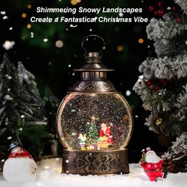 Lewondr Snow Globe for Christmas, Santa Claus Glitter Water Lantern with 8 Songs, 6H Timer Battery & USB Powered Music Box with Projector for Christmas Holidays Home Decoration, Brass