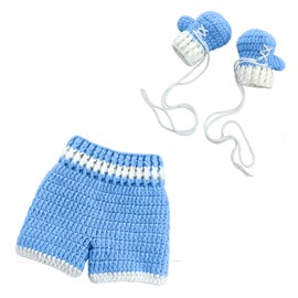 Zeroest Newborn Photography Prop Crochet Baby Boxer Outfit Knit Baby Photo Prop Costume Boxing Trunks Set (Blue)